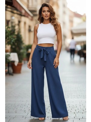 Mossta Beli Bağlamalı Salaş Palazzo Pantolon - Mavi