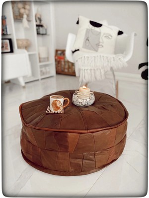 Ottoman Pouffe Hakiki Kuzu Derisi El Yapımı Iskandinav Bohem Puf Bahçe Balkon Bungalov Yer Ayak Uzatma Minderi 60X30CM(DOLGULU)