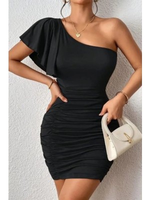 Tek Omuz Volan Kollu Drapeli Mini Elbise Siyah