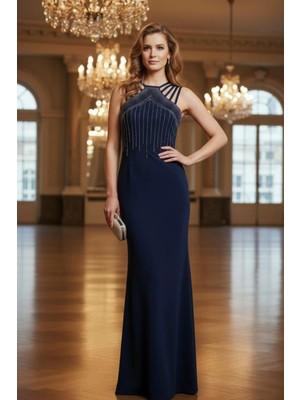 Mossta Asimetrik Askılı Taş Detaylı Balık Abiye Elbise - Lacivert