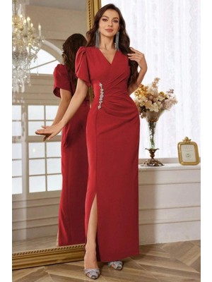 Mossta Sim Taş Detaylı Yırtmaçlı Kruvaze Yaka Abiye Elbise - Kırmızı