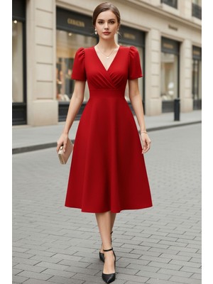 Mossta Kırmızı Kısa Kollu V Yaka Kruvaze Midi Elbise – Modern Şık Kadın Elbisesi
