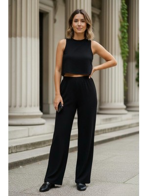 Mossta Kadın Crop Bluz Bol Paça Pantolon 2'li Takım Siyah
