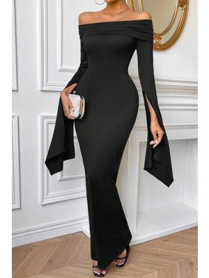 Mossta Madonna Yaka Ispanyol Kol Uzun Abiye Elbise - Siyah