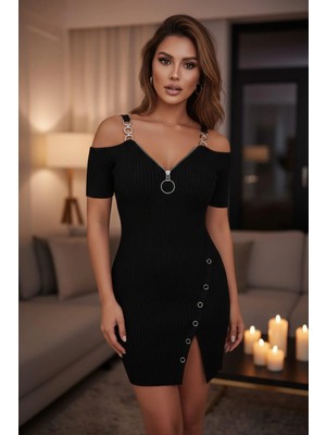 Fermuar Detaylı Asimetrik Kesim Kaşkorse Elbise - Siyah