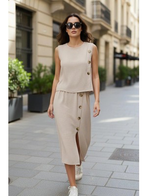 Mossta Yandan Düğmeli Kolsuz Aerobin Bluz  Etek Ikili Takım - Bej