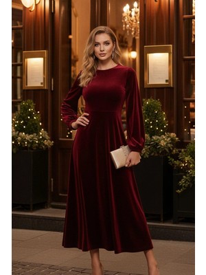 Mossta Uzun Kollu Kırmızı Kadife Midi Abiye
