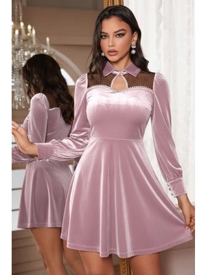 Mossta Inci Detaylı Yaka Kadife Mini Elbise - Pembe