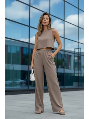 Mossta Kadın Crop Bluz Bol Paça Pantolon Takım Vizon
