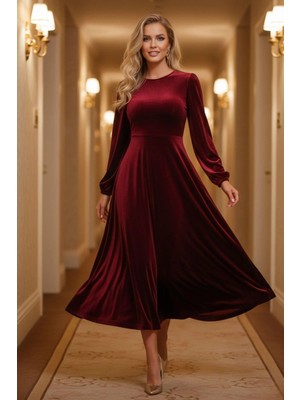 Mossta Yuvarlak Yaka Kadife Kumaş Midi Elbise -  Kırmızı