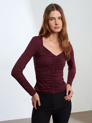 Dilvin 32666 Büzgülü Uzun Kollu Top-Bordo