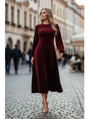 Mossta Evening Charm Bordo Kadife Midi Elbise