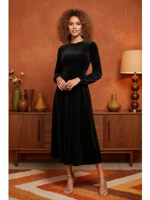 Mossta Midnight Velvet Siyah Midi Elbise