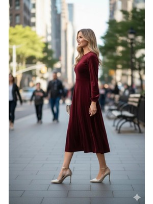 Mossta Sakin Şıklık Bordo Kadife Midi Elbise