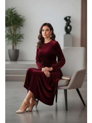 Mossta Premium Bordo Kadife Midi Elbise