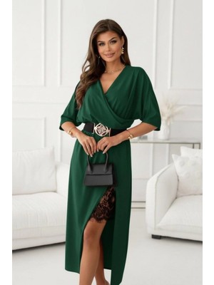 Mossta Kruvaze Yaka Yandan Dantelli Midi Ithal Krep Elbise - Yeşil