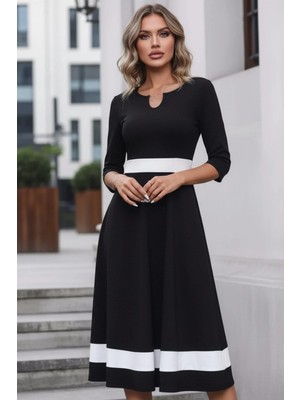 Mossta Çizgili Klasik Kesim Diz Altı Krep Elbise - Siyah