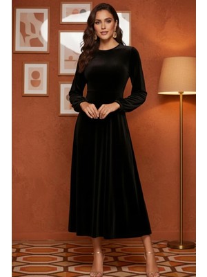 Mossta Premium Kadife Midi Siyah Elbise