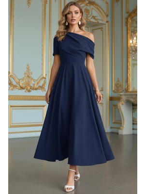 Mossta Asimetrik Yaka Midi Pileli Krep Elbise - Lacivert