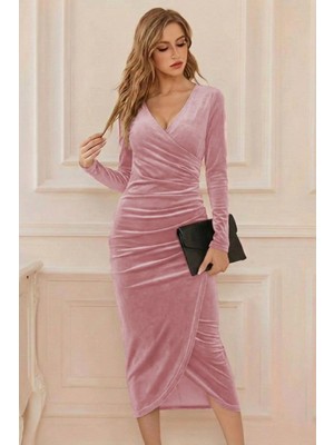 Mossta Kruvaze Yaka Bel Büzgü Detay Midi Kadife Elbise - Pembe