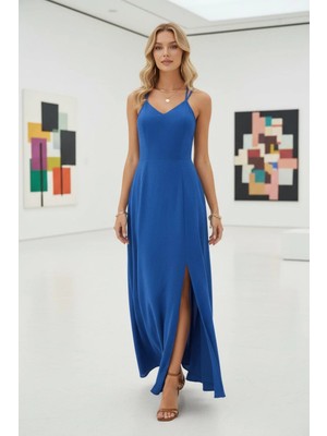 Mossta Sırt Detaylı Çapraz Askılı Maxi Boy Aerobin Elbise - Mavi