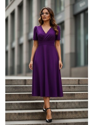 Mossta Kruvaze Yaka A Kesim Midi Elbise  - Mor