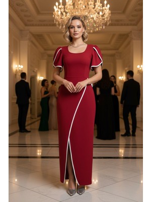 Mossta Davet Stil Uzun Krep Elbise - Kırmızı