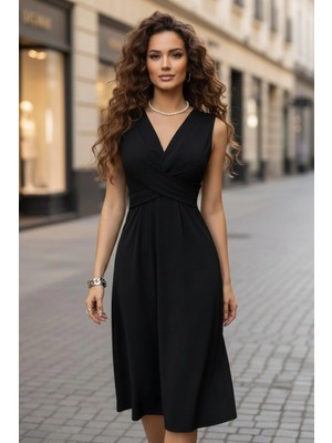 Mossta Kruvaze Yaka Belden Oturtmalı Midi Boy Krep  Elbise - Siyah