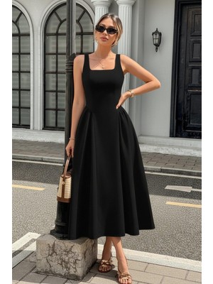 Mossta Kare Yaka Kloş Ithal Krep Elbise - Siyah