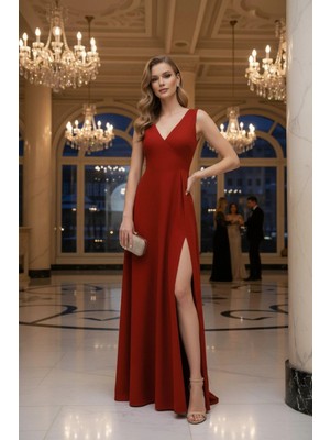 Mossta V Yaka Kruvaze Kesim Derin Yırtmaçlı Uzun Ithal Krep Elbise - Kırmızı