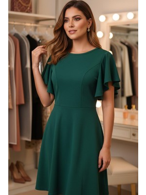 Mossta Bisiklet Yaka Volan Kol Mini Krep Elbise - Yeşil