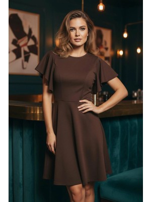 Mossta Kahverengi Volan Kol Mini Elbise