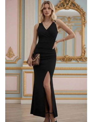 Mossta Kruvaze Yaka Yırtmaç Detaylı Ithap Krep Elbise - Siyah