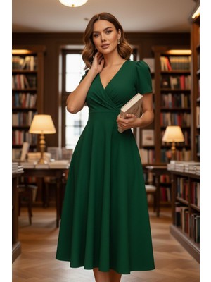 Mossta Kruvaze Yaka A Kesim Midi Elbise  - Yeşil