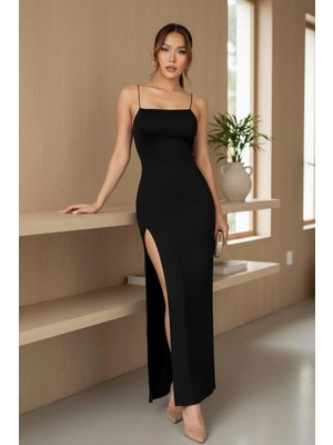 Mossta Ip Askılı Yandan Yırtmaçlı Dalgıç Elbise - Siyah