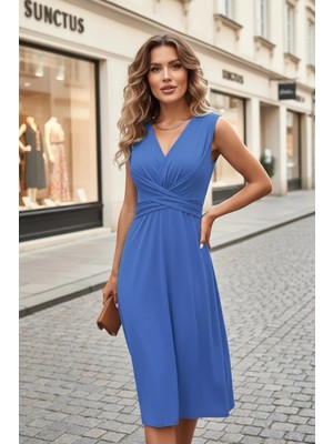 Mossta Kruvaze Yaka Belden Oturtmalı Midi Boy Krep  Elbise - Mavi