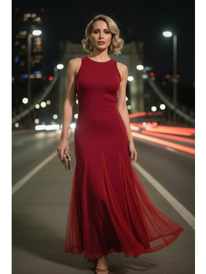 Mossta Bisiklet Yaka Etek Ucu Tül Detaylı Ithal Krep Elbise - Kırmızı