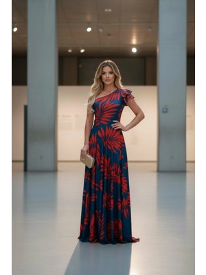 Mossta Tek Kol Tasarım Yırtmaçlı Desenli Elbise - Kırmızı