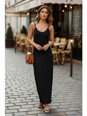 Mossta Ip Askılı V Yaka Uzun Elbise - Siyah