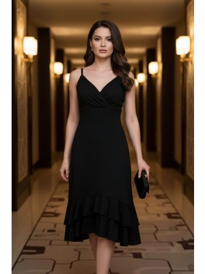 Mossta Sırtı Ip Detaylı Kloş Kesim Midi Krep Elbise - Siyah