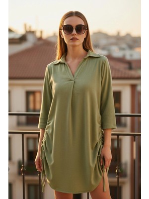 Mossta V Yaka Ipli Büzgü Detaylı Mini Bürümcük Elbise - Yeşil