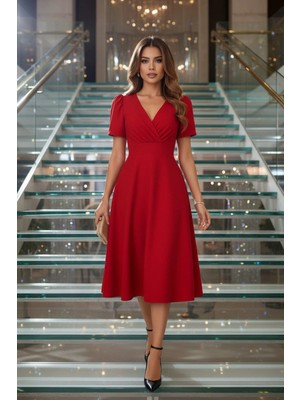 Mossta Kruvaze Yaka A Kesim Midi Elbise  - Kırmızı