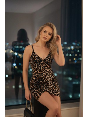 Mossta Askılı V Yaka Drape Detaylı Mini Süprem Elbise - Leopar