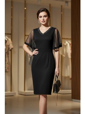 Mossta Pelerin Kol Detaylı Işıltılı Midi Ithal Krep Elbise - Siyah