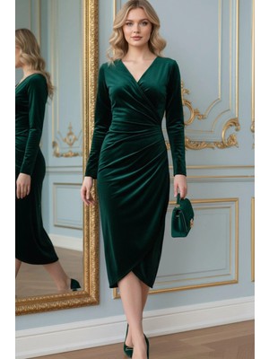 Mossta Gece Davetleri Için V Yaka Drapeli Uzun Kollu Kadife Elbise - Yeşil
