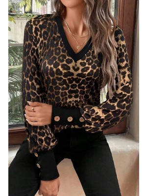 Mossta V Yaka Desenli Süprem Bluz - Leopar