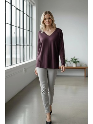 Mossta V Yaka Viskon Iki Iplik Bluz - Mürdüm