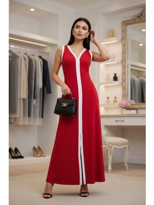 Mossta Önü Yırtmaçlı Şerit Detaylı Kolsuz Viskon Elbise - Kırmızı