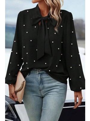 Mossta Ithal Krep Kumaş Inci Detaylı Fiyonk Yaka Bluz - Siyah