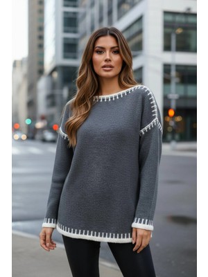 Mossta Kayık Yaka Triko Bluz - Gri